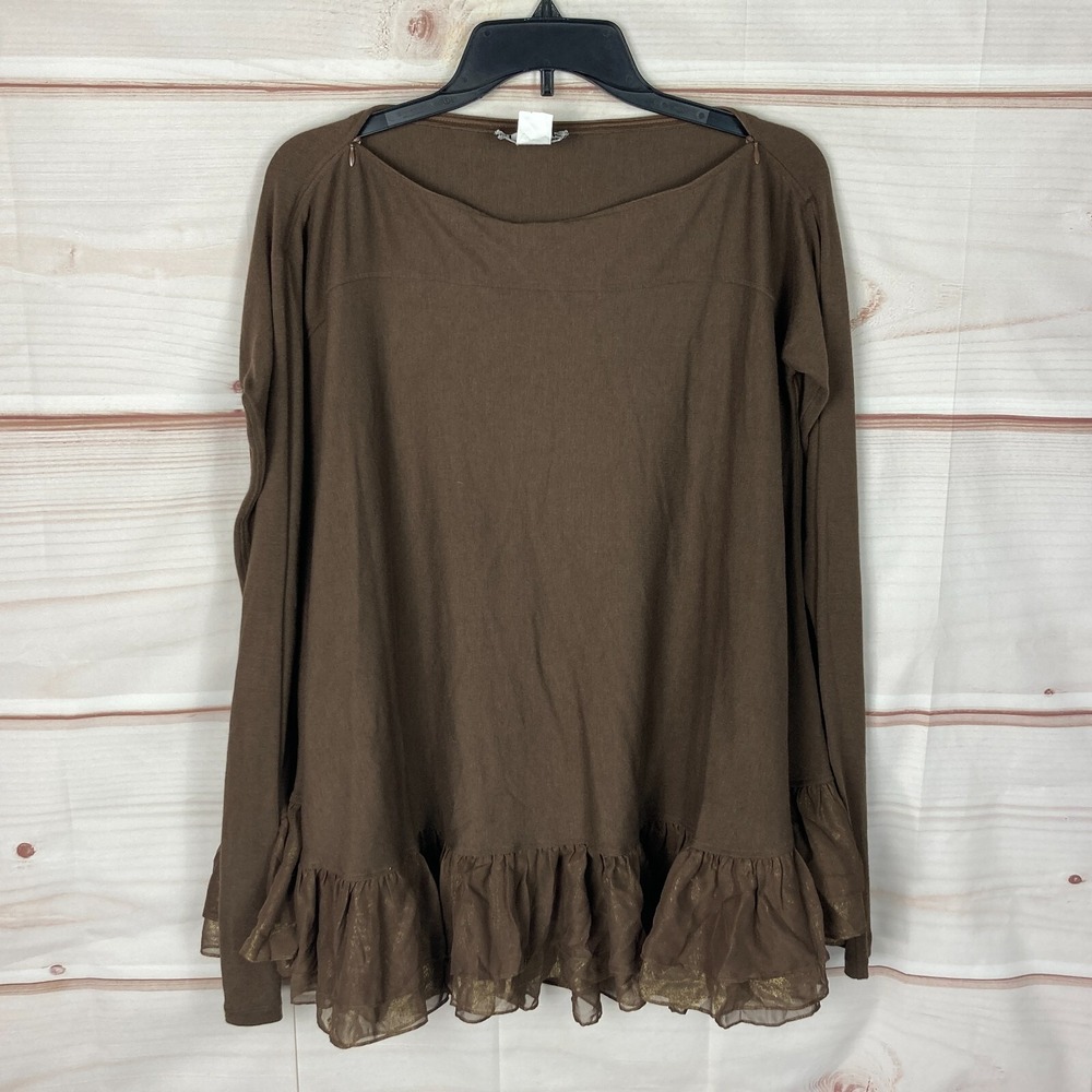 The Look Randolph Duke‎ Top Womens XS Brown Swing Blouse Zip Neck Ruffles Knit